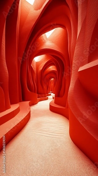 Fototapeta Vivid scarlet corridor with captivating organic architecture and subtle light