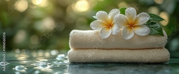 Fototapeta Stacked towels with white flowers and water droplets, set against a soft, green bokeh background
