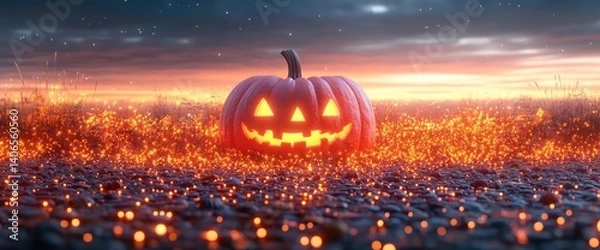 Fototapeta Glowing jack-o'-lantern in a field, sky at dusk