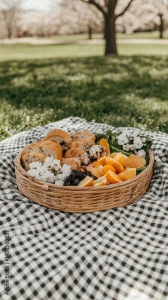 Fototapeta Picnic basket filled with assorted treats and fruits in a park