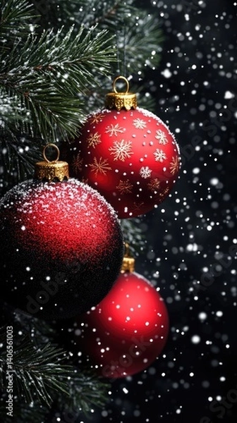 Fototapeta Christmas ornaments hang from an evergreen branch amidst softly falling snow, creating a festive ambiance