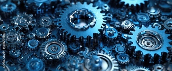 Fototapeta Blue-toned gears interlock, creating intricate metallic patterns, precision shapes, and complex arrangements