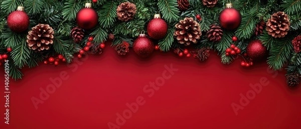 Fototapeta Christmas border with pine, ornaments, berries and red background
