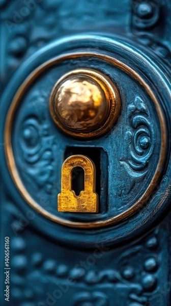 Fototapeta Ornate door lock details with gold & blue hues create a mysterious and timeless look