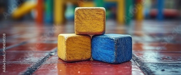 Fototapeta Three stacked wooden blocks on brick floor. Colorful playground in the background, out of focus