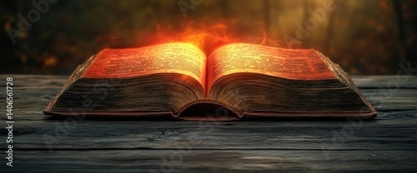 Fototapeta An open book emitting a bright orange glow rests on a wooden table with a blurry forest background