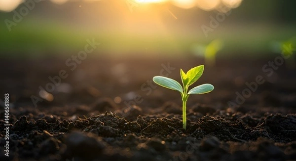 Fototapeta Small sprout emerging from soil in warm sunrise light – peaceful nature scene with fresh green leaves and soft shadows