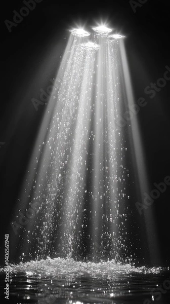 Fototapeta Intense, bright light beams converging onto a watery surface in dark atmosphere, monochrome