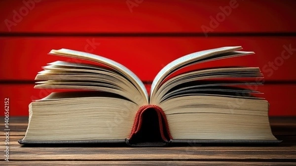 Fototapeta Opened book on wooden surface, pages spread, spine visible, red background