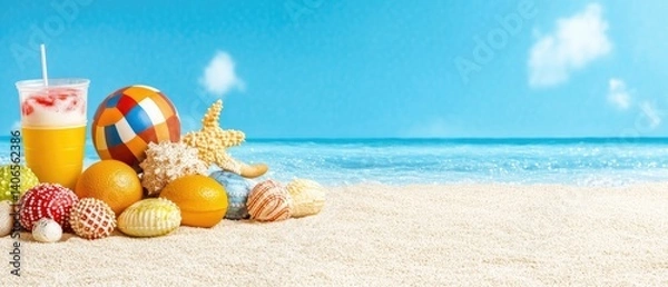 Fototapeta Summer beach scene with drinks and shells
