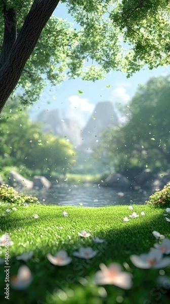 Fototapeta A serene landscape shows a pond amid greenery, light shining through trees