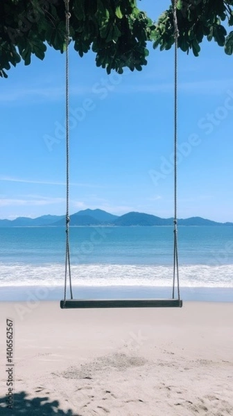 Fototapeta Empty swing on a beach under a sunny sky