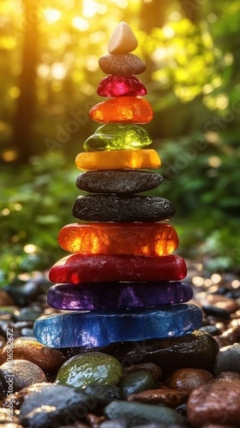 Fototapeta Stacked colorful stones create a serene balance against a lush green backdrop bathed in soft, warm sunlight