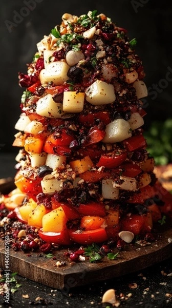 Fototapeta A towering stack of colorful chopped vegetables on a wooden board