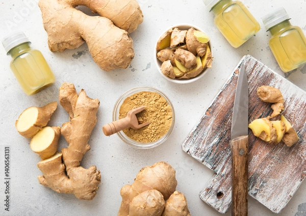 Obraz Immune ginger energy shot drink bottles with fresh raw ginger root and powder on light background.Top view.