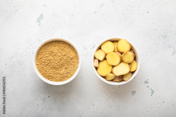Obraz Bowls with ginger root slices and powder for cooking on light kitchen background.Top view.