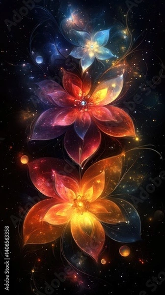 Fototapeta Three glowing, colorful floral forms emerge amidst cosmic dust, creating a vibrant, celestial spectacle
