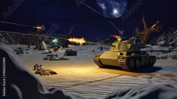 Fototapeta Generic Tank Firing Moment Glowing Enemy Base Plain