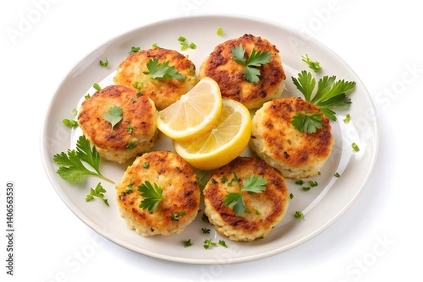Fototapeta Crispy Fish Cakes Served with Lemon and Parsley