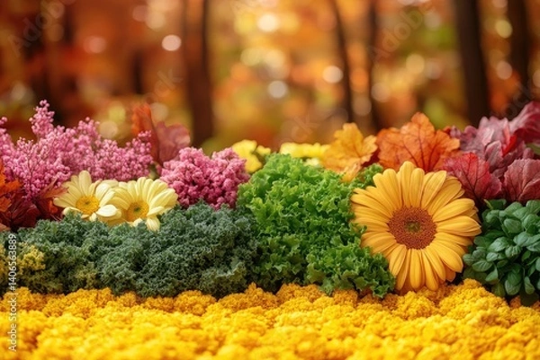 Fototapeta Flowers & foliage in an autumn setting with vivid colors and shallow depth of field