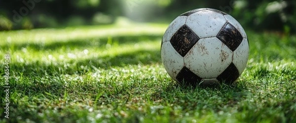 Fototapeta Soccer ball sits on grass in sunny field, awaiting play and the joys of the game