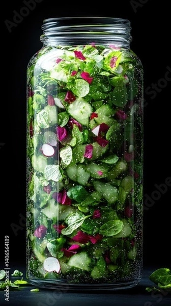 Fototapeta Freshly made salad in jar, cucumber, radish, greenery, pink petals stacked