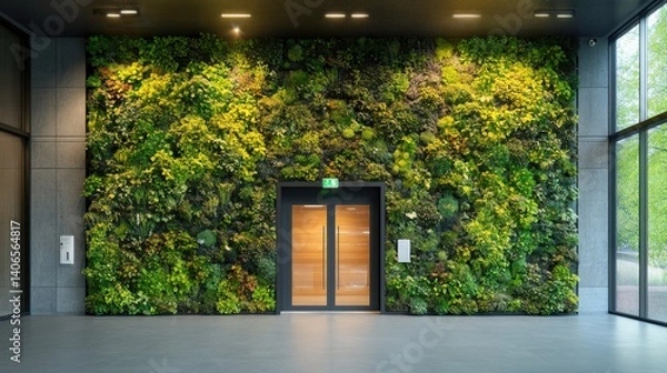 Obraz A vibrant green living wall adorned with various plants, enhancing a modern indoor space around an elevator.