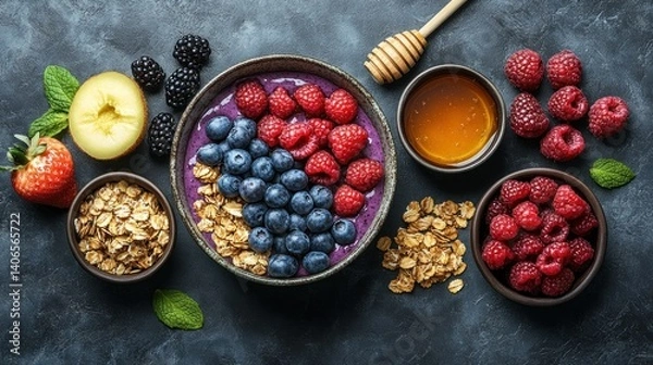 Fototapeta Healthy breakfast bowl with berries, smoothie, and granola