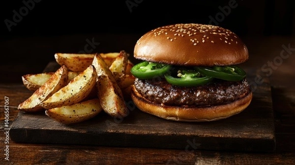 Fototapeta Gourmet jalapeno burger with potato wedges on a rustic wood board capturing culinary delight appetizing burger in dark ambient mood