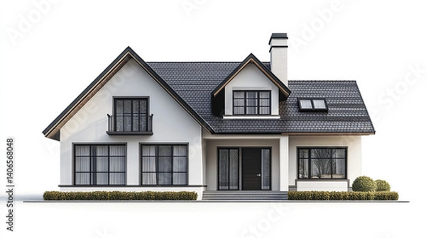 Fototapeta Modern house with gable roof and large windows, surrounded by shrubs