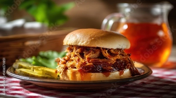 Obraz Delicious pulled pork barbecue sandwich on rustic plate with pickles and iced tea picnic scene