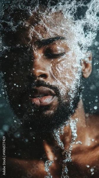 Fototapeta Water splashes over a young man's face. Abstract image of man in water, portrait of a man's face, black and white image.