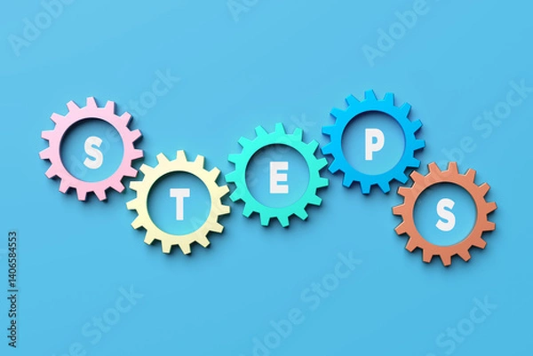 Fototapeta Steps to success mechanism represented by colorful gears