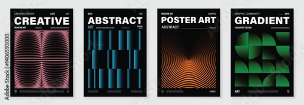 Fototapeta Modern gradient poster background vector set.Cover template with vibrant perspective geometric prism shapes in motion. Ideal design for social media, cover, banner, flyer.