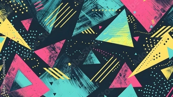 Fototapeta Retro 80s Geometric Triangle Pattern Background in Teal, Pink, and Yellow