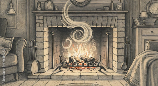Fototapeta Hand-drawn fireplace scene with cozy details.