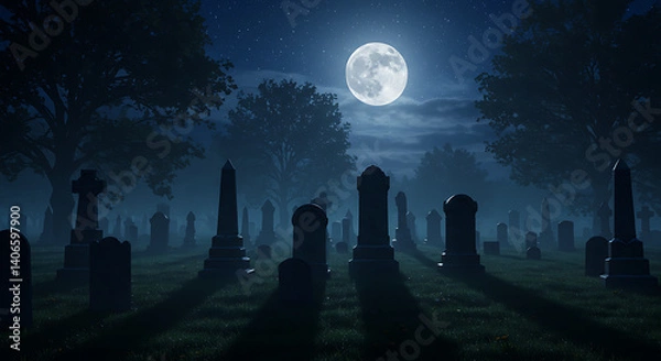 Fototapeta Moonlit graveyard path lined with tombstones.