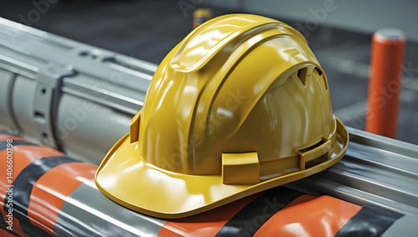 Obraz A photorealistic close-up of a single yellow construction helmet resting on a safety barrier with caution stripes, showcasing intricate textures of plastic and reflective surfaces (2)