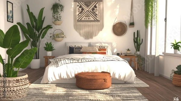 Fototapeta A boho bedroom featuring white walls, plants, a comfy bed, and decorative pillows.