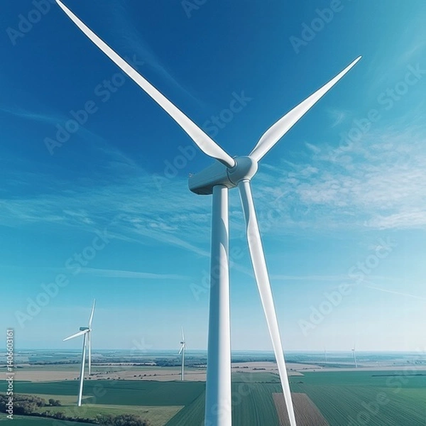 Fototapeta Wind turbine nestled in a green field with open spaces and clear blue sky in the background