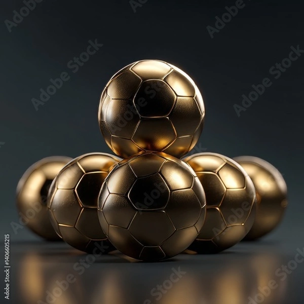 Fototapeta High-res 3D pile of gold soccer balls with one on top, symbolizing leadership.