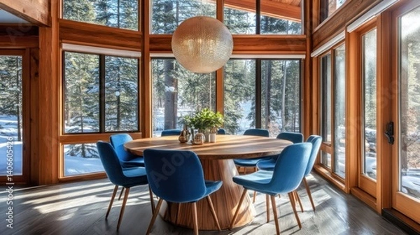 Fototapeta Scandinavian-style dining room with a round wooden table, blue chairs, and large windows that flood the space with natural light.