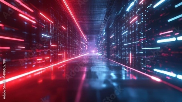 Fototapeta A futuristic corridor illuminated by red and blue lights, creating a dynamic and immersive environment with high-tech aesthetics.