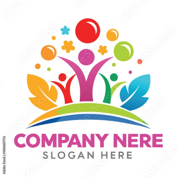 Fototapeta Colorful logo design for a child-focused organization.  Playful figures, leaves, and bubbles