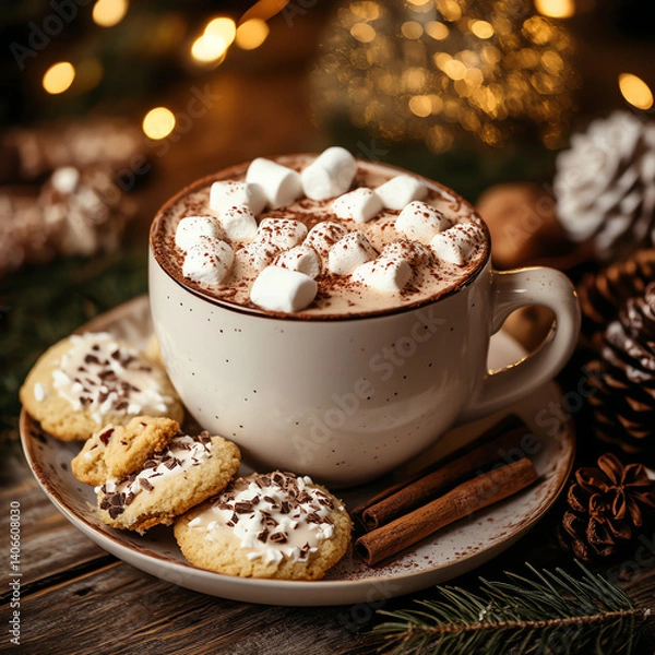 Obraz A rich, creamy hot chocolate topped with fluffy marshmallows and a hint of cinnamon, paired with delicious cookies. Perfect for cozy winter moments, holidays, and festive warmth