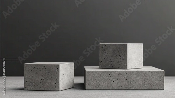 Fototapeta Minimalist concrete pedestals varying in height standing on gray background, presenting clean geometric display surface for product presentation