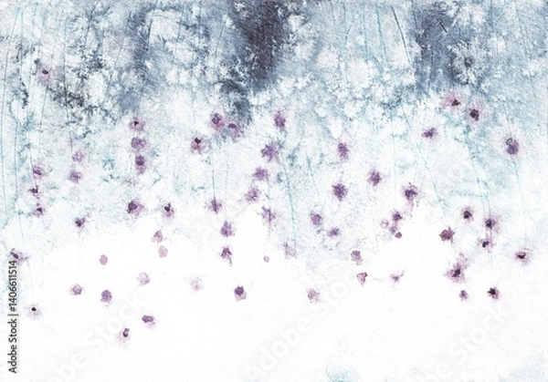 Obraz Softness Nature floral landscape. Abstract art meadow landscape. Field with abstract purple flowers on spotted icy gray textured background. Watercolor painting on textured paper.