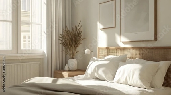 Fototapeta Scandinavian bedroom interior with a minimalist touch and a stylish framed poster on the wall.