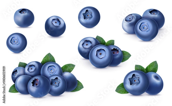 Fototapeta 3d blueberry set. Blue berry fruit, wild bilberry juice and leaves realistic logo. Blackberry or huckleberry compositions. Realistic isolated elements. Natural food. Vector illustration