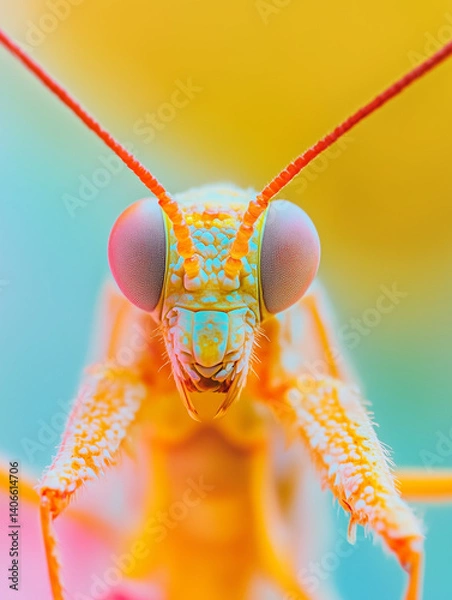 Obraz Macro photo of an insect. Portrait of a colorful beetle with large eyes and antennae. Bright background. Photo with high magnification.